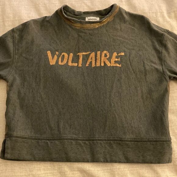 Zadig & Voltaire Army Green Distressed Logo Sweatshirt With Gold Painted Trim. - Picture 1 of 10